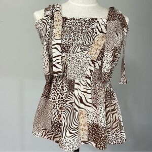 7th Ray Brown Animal Print Smocked Cold Shoulder Peplum Top Large Made USA